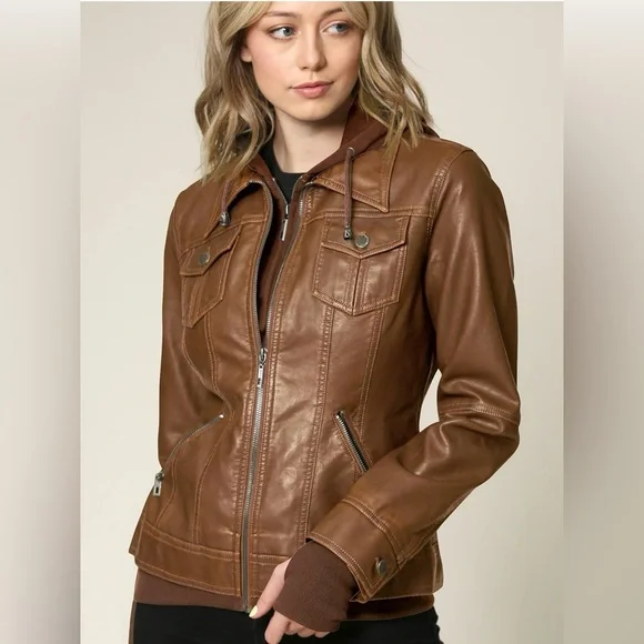 Faux Leather Jacket Women Motorcycle Coat for Biker with Removable Hood -camel - Picture 4 of 7